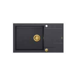 Quadri Luton antracitna granitna velika vgradna pomivalna korita z odcejalnikom, obrnljiva, 86x50 cm z zlato odtočno odprtino 1208967334