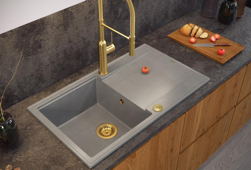 Quadri Luton sivo granitno nadgradno pomivalno korito z odcejalnikom, obojestransko 86x50 cm z zlato ploščico 1208967341