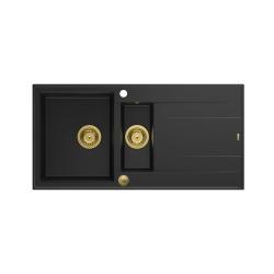 Quadri Luton črno granitno nadgradno pomivalno korito 1,5 posode z odcejalnikom, obojestransko 100x50cm z zlatim čepom 1208967346