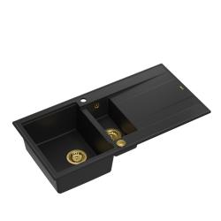 Quadri Luton črno granitno nadgradno pomivalno korito 1,5 posode z odcejalnikom, obojestransko 100x50cm z zlatim čepom 1208967346