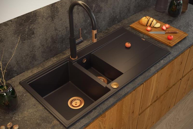 Quadri Luton črno granitno nadgradno korito 1,5 pomivalnega korita z odcejalnikom, obojestransko 100x50cm z bakreno zaporko 1208967347
