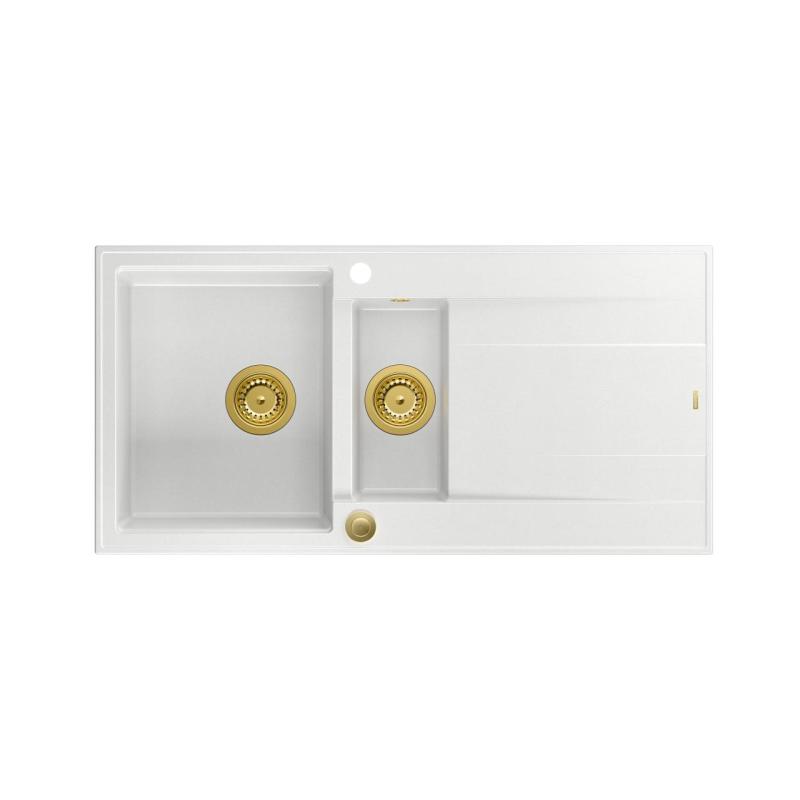 Quadri Luton bela granitna nadgradna pomivalna korita 1,5 korita z odcejalnikom, obrnljiva, 100x50 cm, z zlato odprtino 1208967348