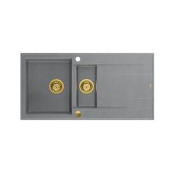 Quadri Luton siva granitna nadgradna 1,5 pomivalna korita z odcejalnikom, obojestranska, 100x50 cm z zlato odtočno cevjo 1208967351