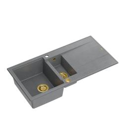 Quadri Luton siva granitna nadgradna 1,5 pomivalna korita z odcejalnikom, obojestranska, 100x50 cm z zlato odtočno cevjo 1208967351