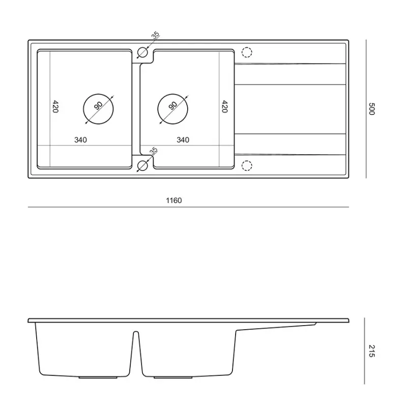 Quadri Luton vgradna dvojna granitna pomivalna korita s sivim odcejalnikom 116x50 cm z zlato odtočno zaporko 1208967361.