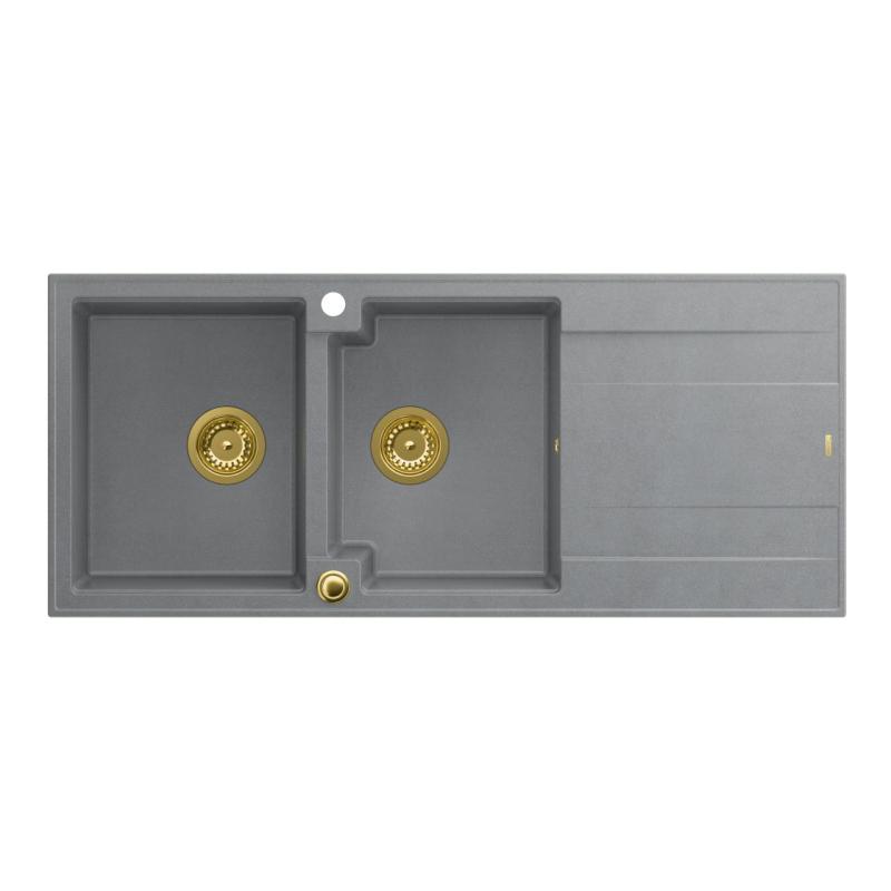 Quadri Luton vgradna dvojna granitna pomivalna korita s sivim odcejalnikom 116x50 cm z zlato odtočno zaporko 1208967361.