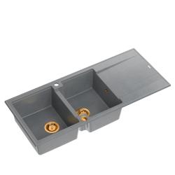 Quadri Luton vgrajeno dvojno granitno korito siva z odcejalnikom 116x50 cm s kovinskim zamaškom 1208967362
