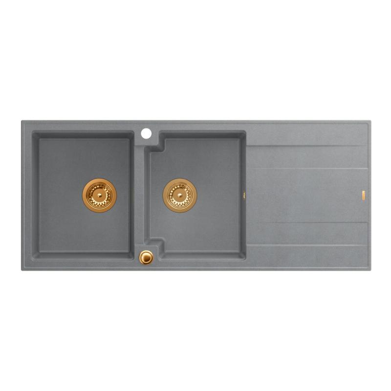 Quadri Luton vgrajeno dvojno granitno korito siva z odcejalnikom 116x50 cm s kovinskim zamaškom 1208967362