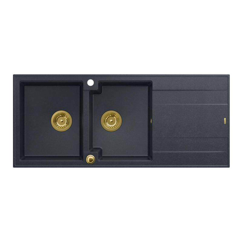 Quadri Luton nadgradnja dvojnega granitnega pomivalnega korita antracit z odcejevalnikom 116x50 cm z zlato odtočno zaporko 1208967364