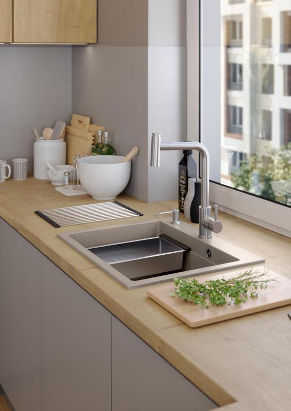 Quadri Durham taupe granitni nadgradni pomivalni korito 595x500 z dozirnikom za milo, desko za rezanje, vgradno korito in valjčno podlogo 1208967376