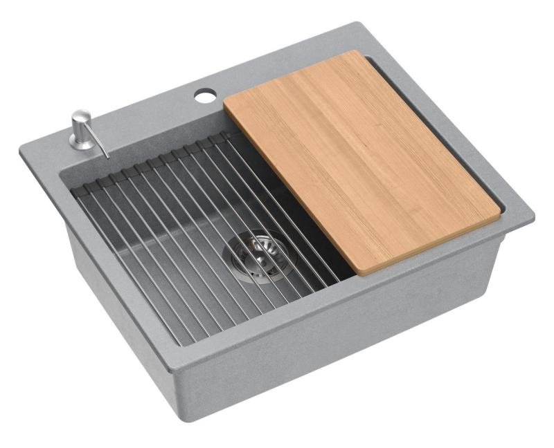 Quadri Durham siva granitna nadgradna pomivalna korita 595x500 z razpršilcem za milo, desko za rezanje, vstavljivo korito in rolo mat 1208967378