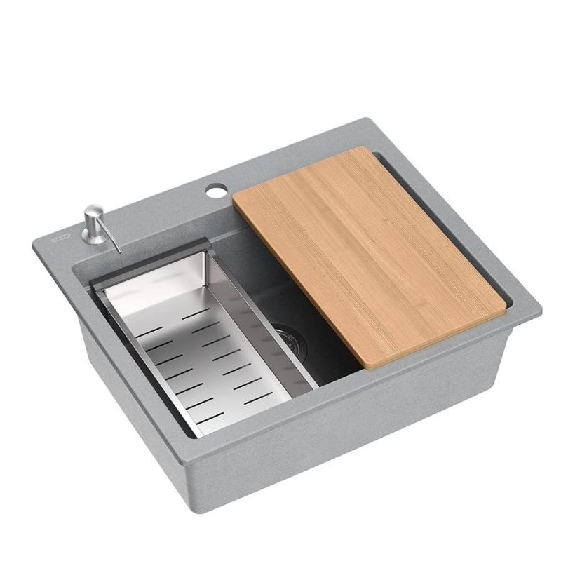 Quadri Durham siva granitna nadgradna pomivalna korita 595x500 z razpršilcem za milo, desko za rezanje, vstavljivo korito in rolo mat 1208967378