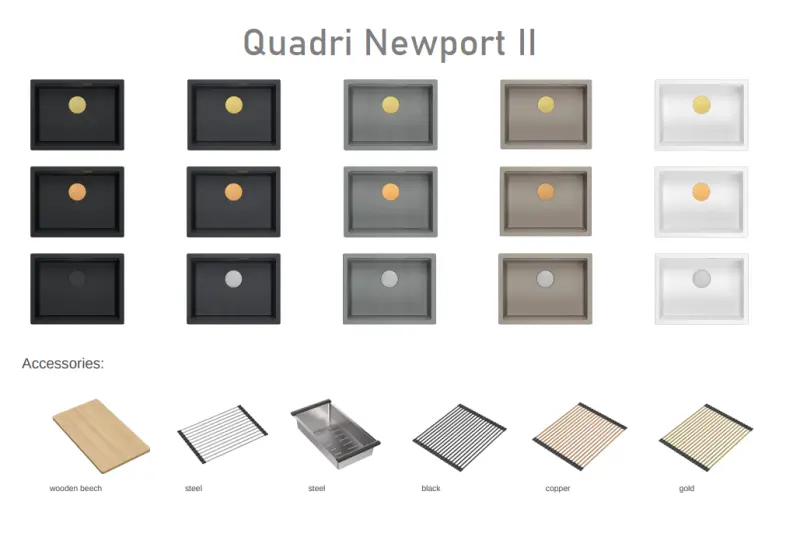 Quadri Newport II granit vgradno sivo pomivalno korito 560x450mm z zlato vtikačem in odtočnim pokrovom 1208967457
