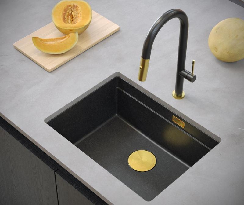 Quadri Newport II granitna podvgradna antracitna pomivalno korito 560x450mm z zlato odtočno čepico in odtočnim pokrovčkom 1208967460