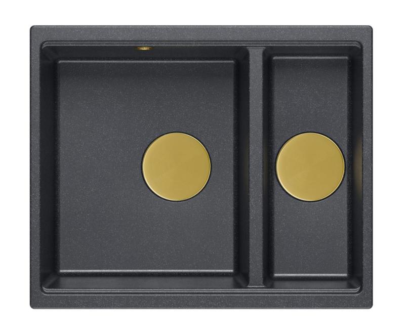 Quadri Newport II antracitna granitna pomivalna korita z 1,5 posodo za nadgradnjo in vgradnjo 555x460 mm z zlato odtočno cevjo 1208967473