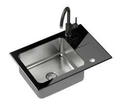 Quadri Glazz Set z kuhinjsko pipo in nadgradnim inox pomivalnim koritom s črnim steklenim odcejalnikom 64x44cm obojestranski 1208967493