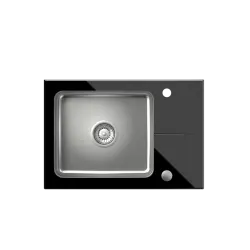 Quadri Glazz Set z kuhinjsko pipo in nadgradnim inox pomivalnim koritom s črnim steklenim odcejalnikom 64x44cm obojestranski 1208967493