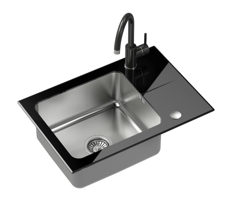 Quadri Glazz Set z kuhinjsko pipo in nadgradnim inox pomivalnim koritom s črnim steklenim odcejalnikom 64x44cm obojestranski 1208967493