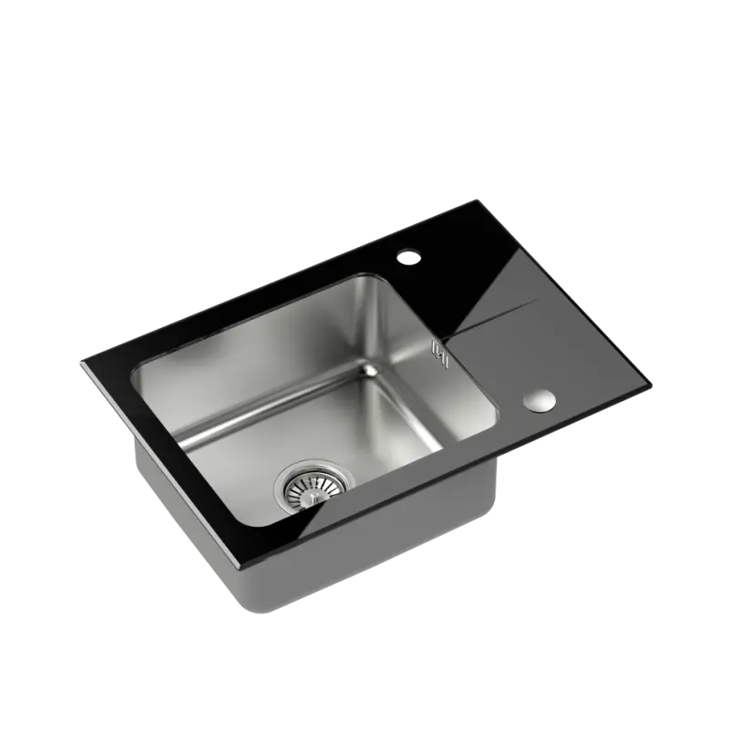 Quadri Glazz Set z kuhinjsko pipo in nadgradnim inox pomivalnim koritom s črnim steklenim odcejalnikom 64x44cm obojestranski 1208967493