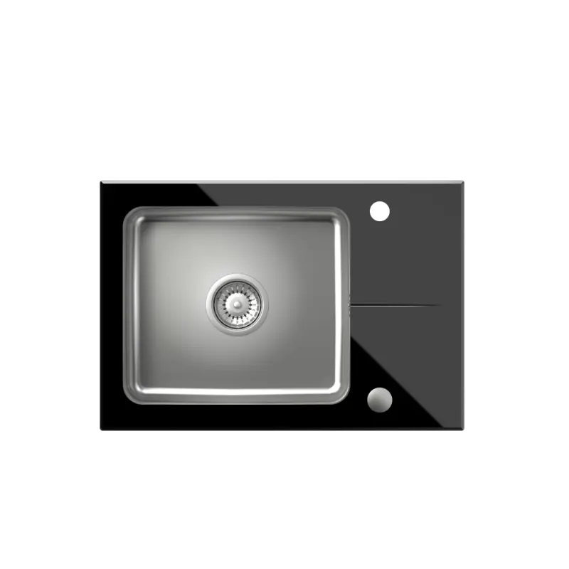 Quadri Glazz Set z kuhinjsko pipo in nadgradnim inox pomivalnim koritom s črnim steklenim odcejalnikom 64x44cm obojestranski 1208967493