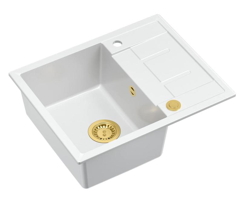 Quadri Dalton witte granieten opbouw spoelbak met afdruipvlak 62x50cm met gouden plug 1208967574