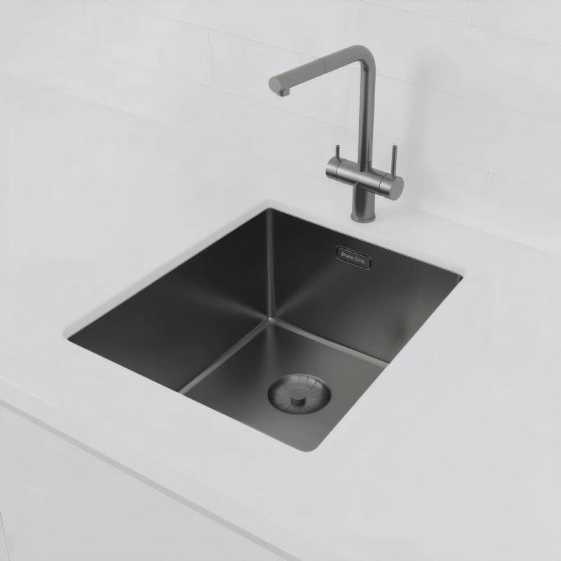 Pure. Sink Prestige pomivalno korito PVD gun metal 34x40 cm 10 mm radijus, vgradna, ploskovgradna in nadgradna montaža PPG3440-61