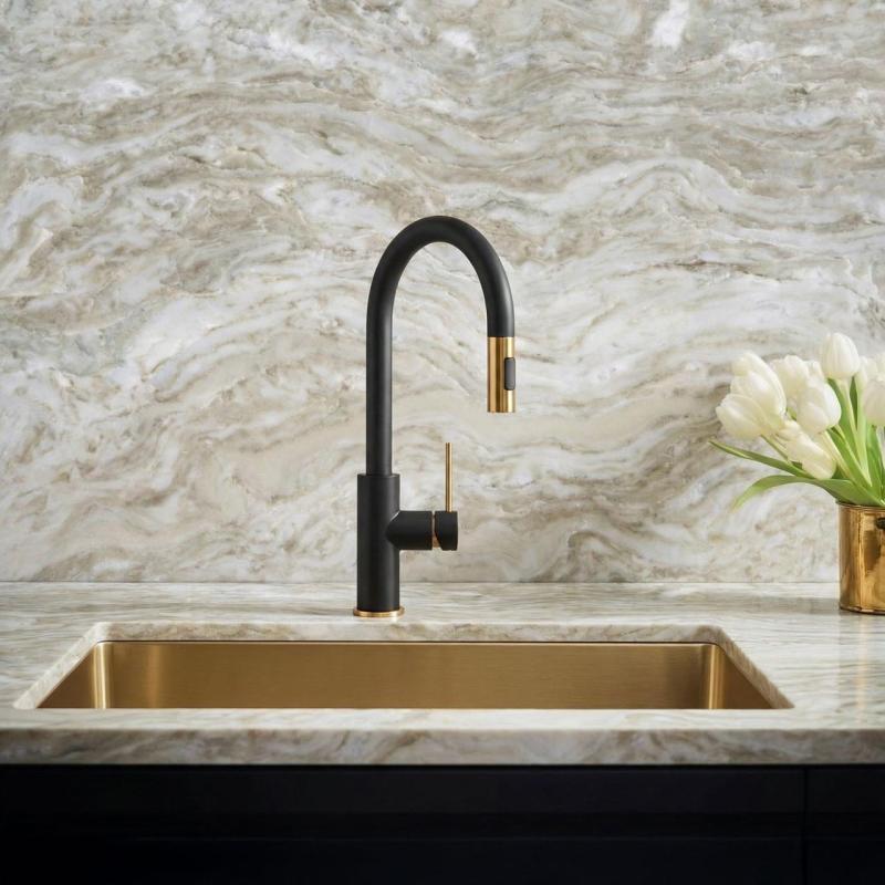 Quadri Retford Kuhinjska Armatura Črna z Zlato Končnico in Izvlečno Cevjo s Šobo za Razprševanje 1208967677
