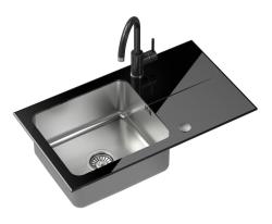 Quadri Glazz Set z Kuhinjsko Pipo in Vgradnim Inox Pomivalnim Koritom z Črnim Steklenim Odtokovnim Delom - 77x44cm Obrnljivo - 1208967734