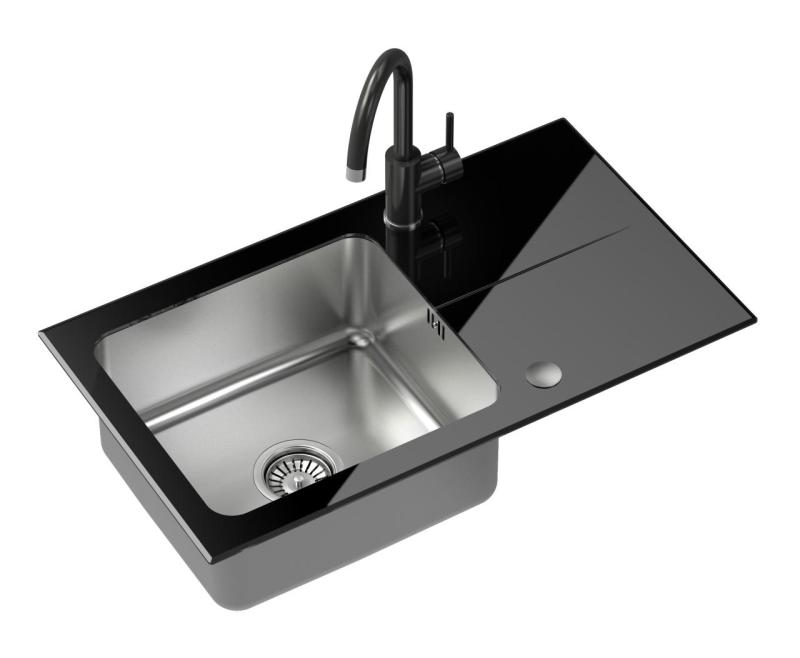Quadri Glazz Set z Kuhinjsko Pipo in Vgradnim Inox Pomivalnim Koritom z Črnim Steklenim Odtokovnim Delom - 77x44cm Obrnljivo - 1208967734