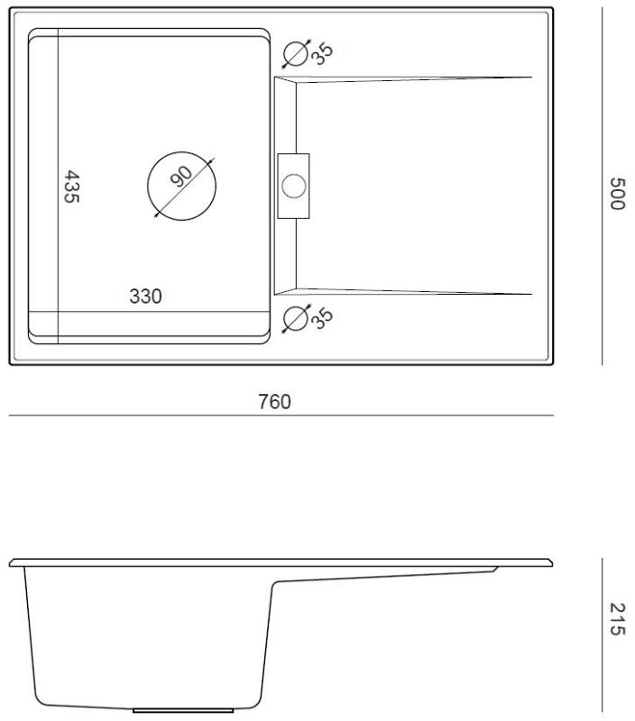 Quadri Minton Granitni Pulti Antracitni Pomivalno Korito 76x50cm z Odcejalnikom, Obrnljivo in Zlati Čep - 1208967745