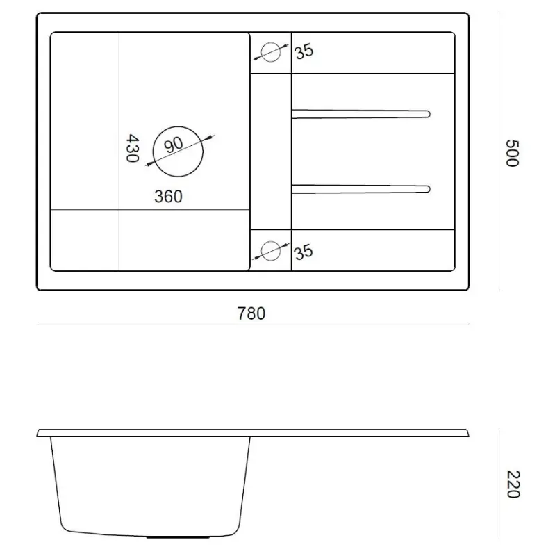 Quadri Sheffield Siva Granitna Vgradna Pomivalno Korito 78x50cm z Odtoknim Delom in Bakrenim Čepom - 1208967791