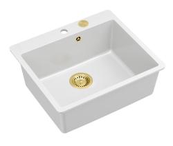 Quadri Sheffield Beli Granitni Nadpultni ali Vgradni Pomivalno Korito 57x50 cm z Odprtino za Pipo in Zlati Čep - 1208967817