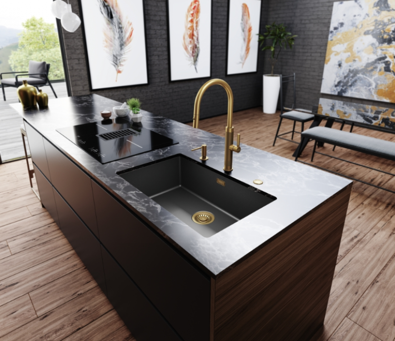 Franke Mythos Masterpiece kuhinjska pipa zlata z J-izlivom in izvlečno pršno glavo - 115.0711.558