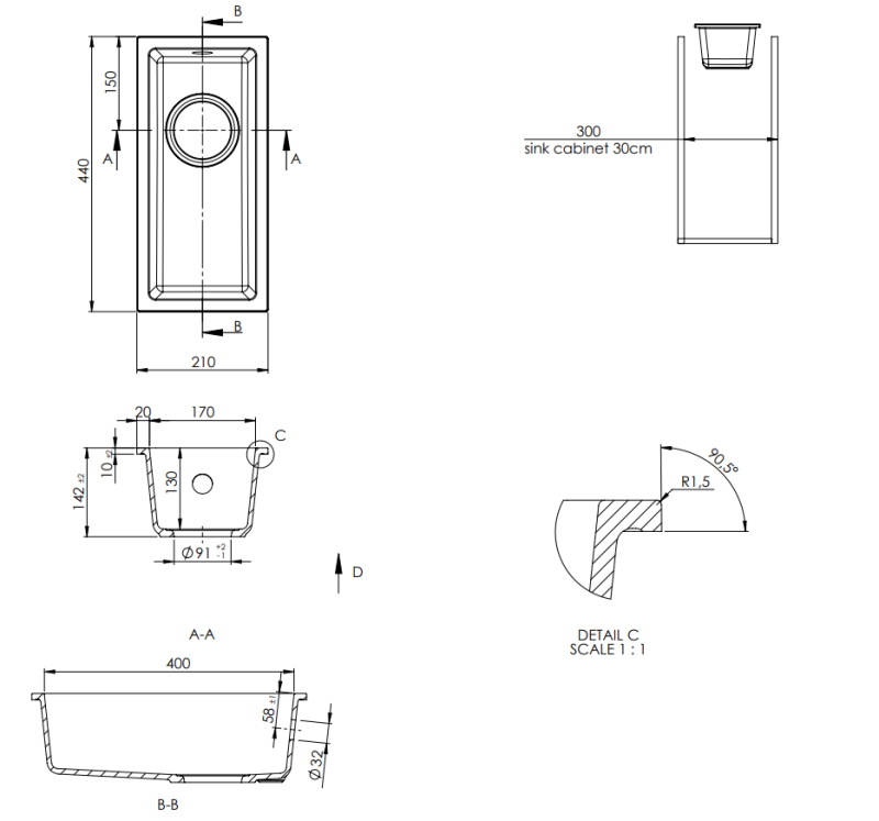 GraniteMy Universal granitna bež peščena majhna pomivalna korito 17x40 cm za nadgradnjo, vgradnjo pod pult in poravnavo z delovno površino z inox čepom 1208968002.