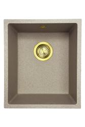 GraniteMy Universele granieten beige zand gootsteen 34x40 cm voor opbouw, onderbouw en vlakinbouw met gouden plug 1208968008