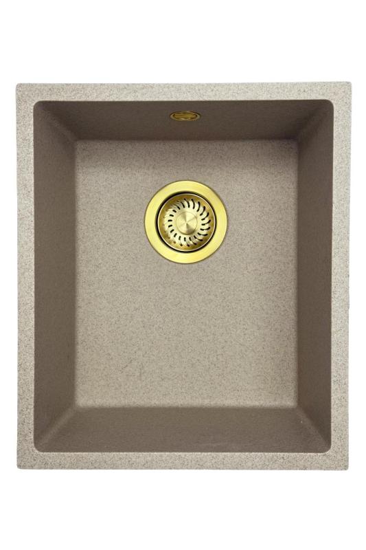 GraniteMy Universele granieten beige zand gootsteen 34x40 cm voor opbouw, onderbouw en vlakinbouw met gouden plug 1208968008