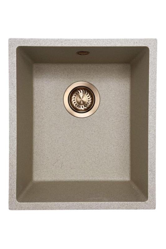GraniteMy Universele granieten beige zand gootsteen 34x40 cm opbouw onderbouw en vlak inbouw met koperen plug 1208968009