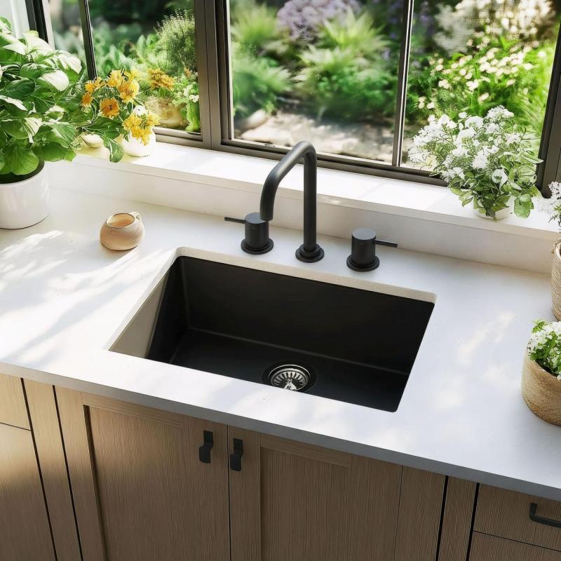 Waterevolution Flow 3-luknjična kotna kuhinjska armatura z vrtljivim izlivom in priključkom voor filtrirano vodo črna T152HPR