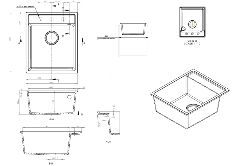 Granitni pomivalnik GraniteMy Bremen 44x52 cm Črna – Vgradnja na, pod in v ravnino z odprtino za pipo in nerjavno jeklen čep 1208969991
