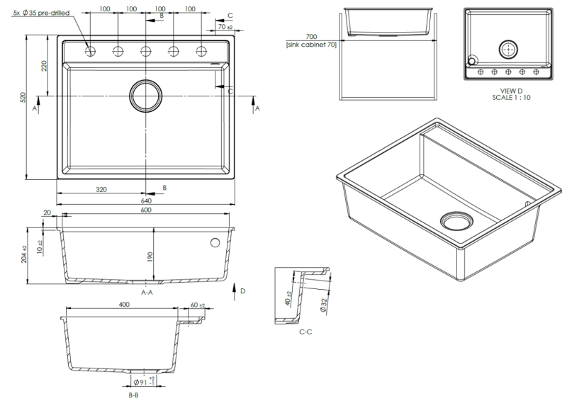 GraniteMy Bremen Granitno Pomivalno Korito 64x52 cm Črno – Nadgradna, Podgradna in Vgrajena z Bančnim Odtokom in Inox Čepom 1208969992