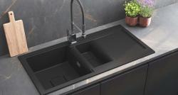 GraniteMy Zafiri Črna Granitna Vgradna Pomivalna Korita 1,5 Korita 100x50 cm z Odcejalnikom, Obrnljivo, s Črnim Kvadratnim Odtočnim Pokrovom 1208969998