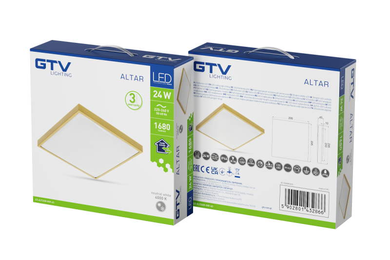 ALTAR LED stropna svetilka, 295x295mm, 4000K, 24W, 1680lm, AC180-250V, 50/60 Hz, PF>0.5, IP44, zlata barva, 3 leta garancije.