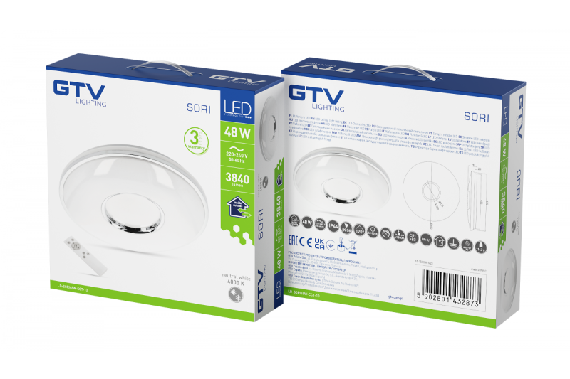 SORI LED stropna svetilka, Ø490mm, CCT, 48W, 3840lm, AC180-250V, 50/60 Hz, PF>0,9, IP54, daljinski upravljalnik, bela, 3 leta garancije.