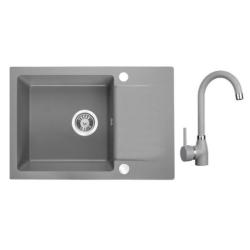 Aquadesign Kensley Set - Granitno Nadgradno Pomivalno Korito Sivo z majhnim Odcejalnim Delom in Kuhinjsko Pipo, 65 x 44 cm 1208970086