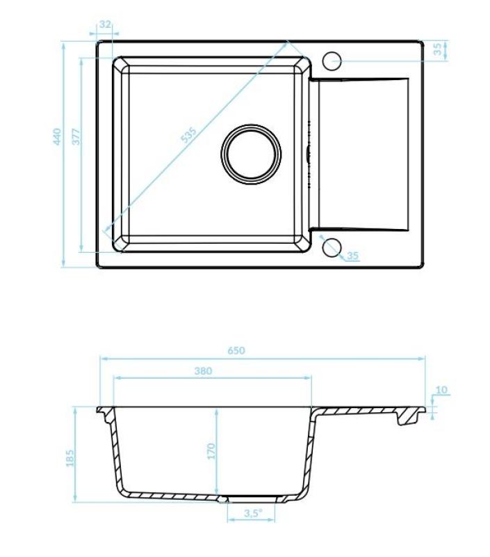 Aquadesign Kensley Set - Granitno Nadgradno Pomivalno Korito Sivo z majhnim Odcejalnim Delom in Kuhinjsko Pipo, 65 x 44 cm 1208970086