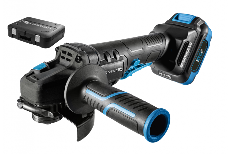 HÖGERT Akumulatorski kotni brusilnik s stikalo na ročici, 125MM, 18V - Set (baterija, polnilec, dodatki)