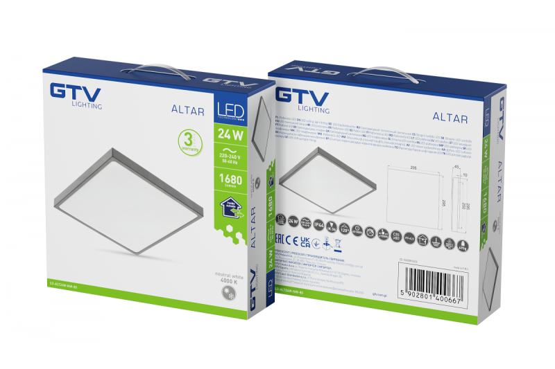 ALTAR LED stropna svetilka, 295x295mm, 4000K, 24W, 1680lm, AC180-250V, 50/60 Hz, PF>0.5, IP54, siva, 3 leta garancije