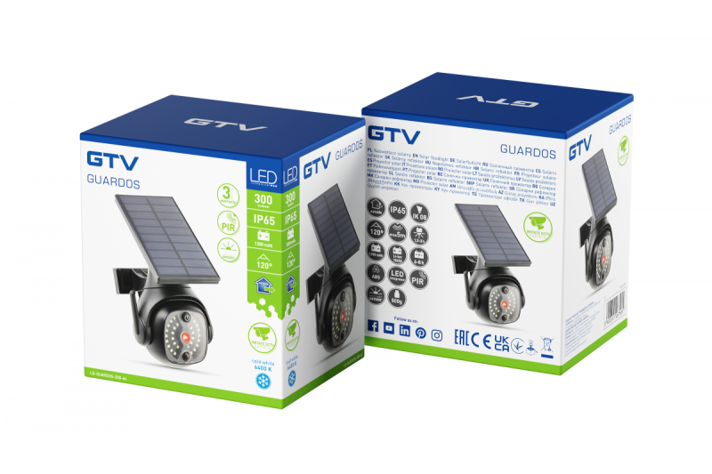 Sončna poplava z detektorjem gibanja in senzorjem somraka GUARDOS, LED, 300lm, 6400K, 1200mAh, IP65, lažna kamera