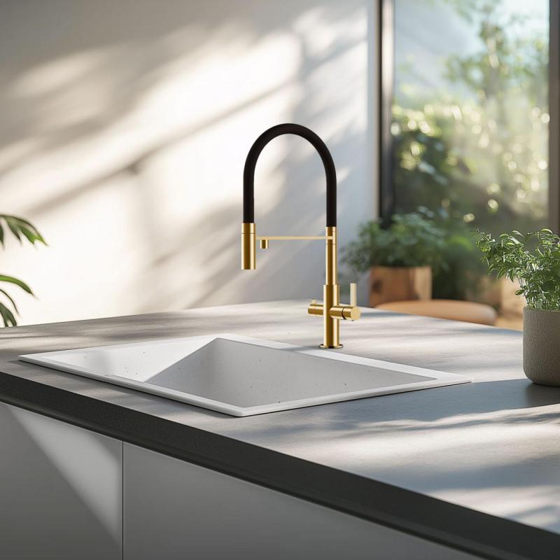 Ausmann Claridge 3-potna kuhinjska pipa s fleksibilnim izlivom in filtrirano vodo – Zlata - 1208970504