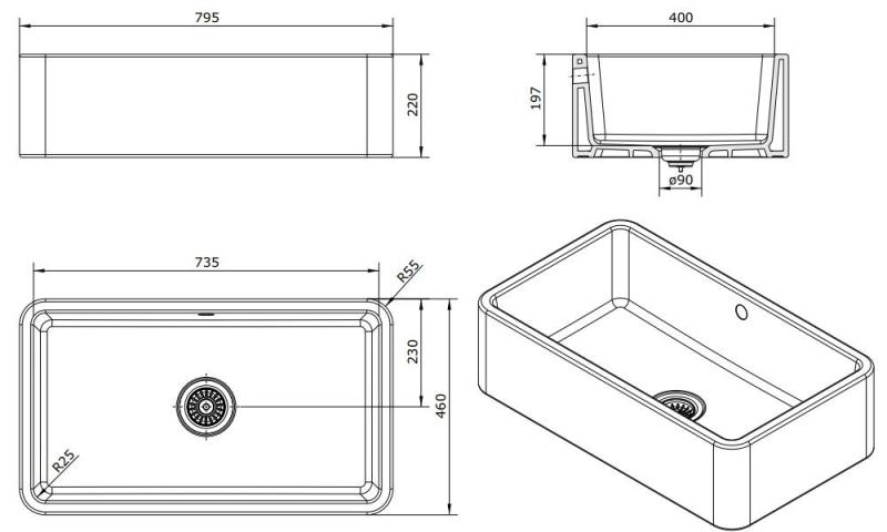 Ausmann Ceramic Mira Keramična Bela Pomivalno Korito - Nadgradna, Podgradna in Vgradna 795 x 460 mm 1208970515